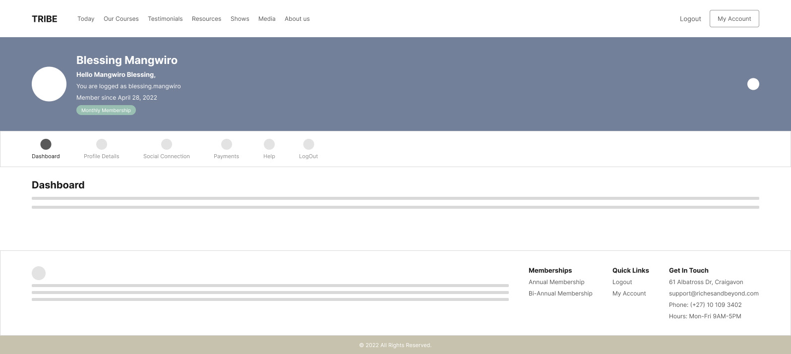Low-fidelity wireframe of the member account page, showing profile details, social connection, payments, and help tabs.